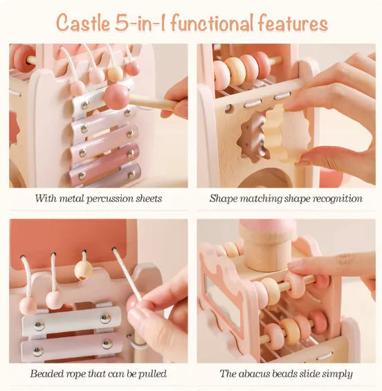 Montessori Wooden Castle Pink House Blocks Baby Puzzle Game Early Education Props Multifunctional Toy Baby Gifts